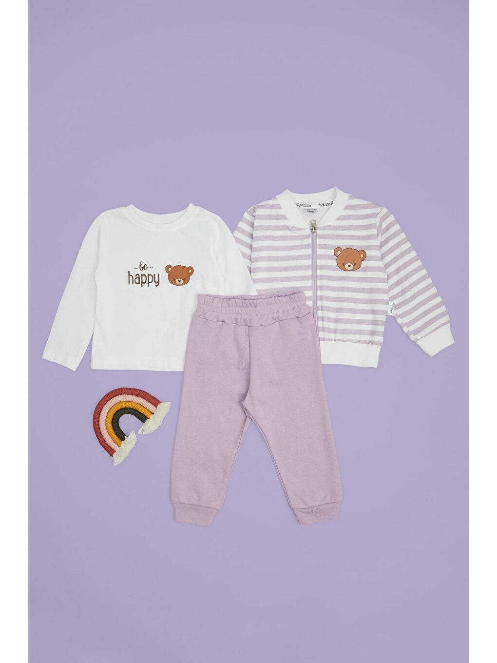 Lila Çizgili Ayıcık Baskılı Kız Çocuk 3 Lü Takım