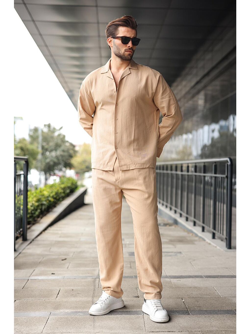 Bej Düğmeli Basic Erkek Gömlek Pantolon Takım E7335-3