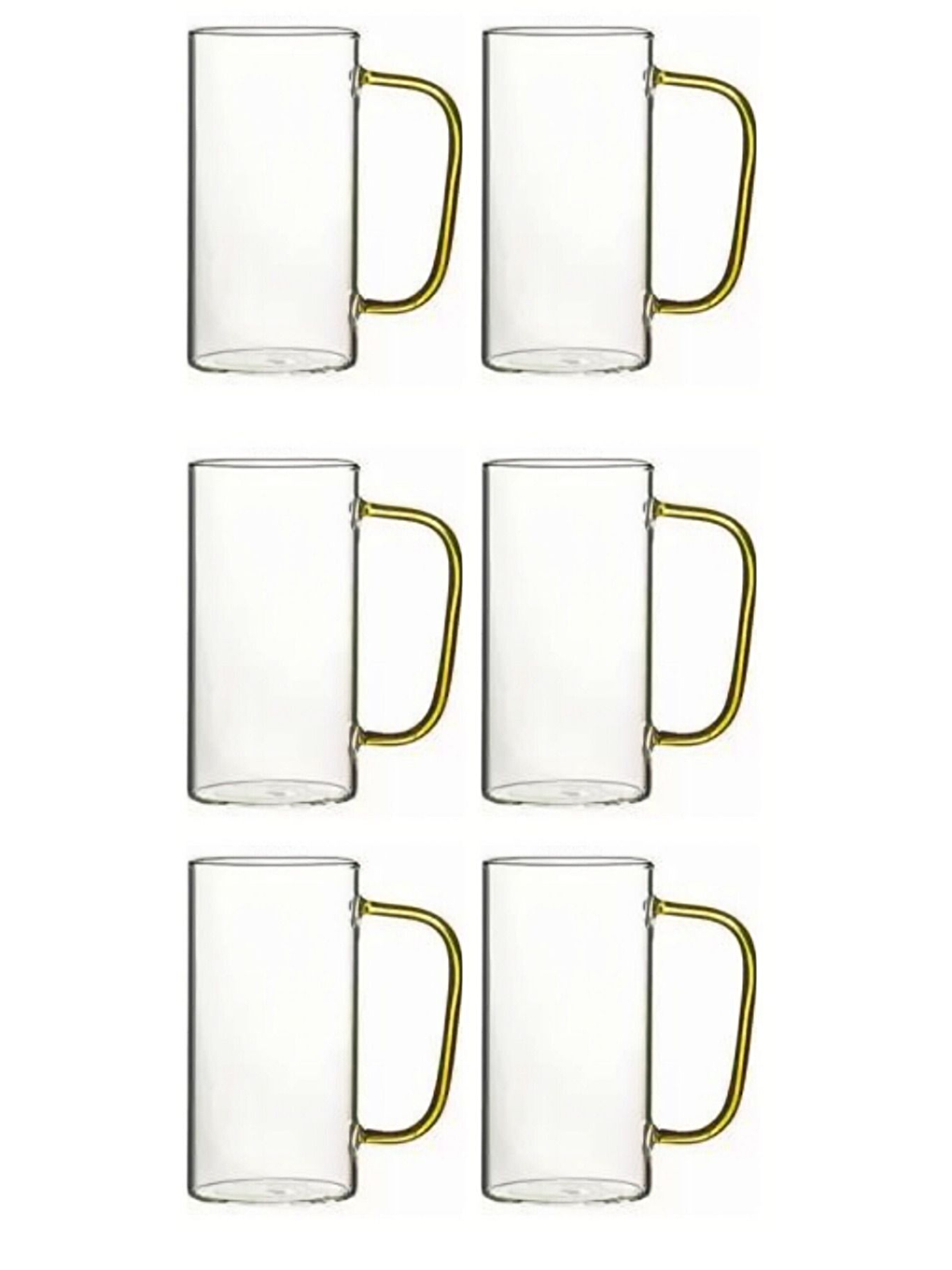 Renksiz Sarı Renkli Borosilikat Cam Yuvarlak Kulplu Kupa 400 ml 6 Adet