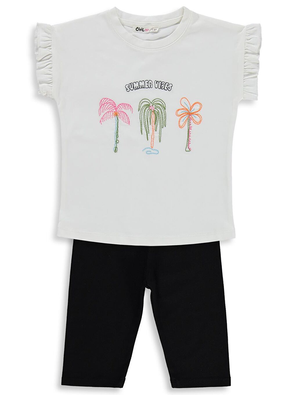 Siyah Girls Palmiye Nakışlı 2-5 Yaş Takım - Ekru