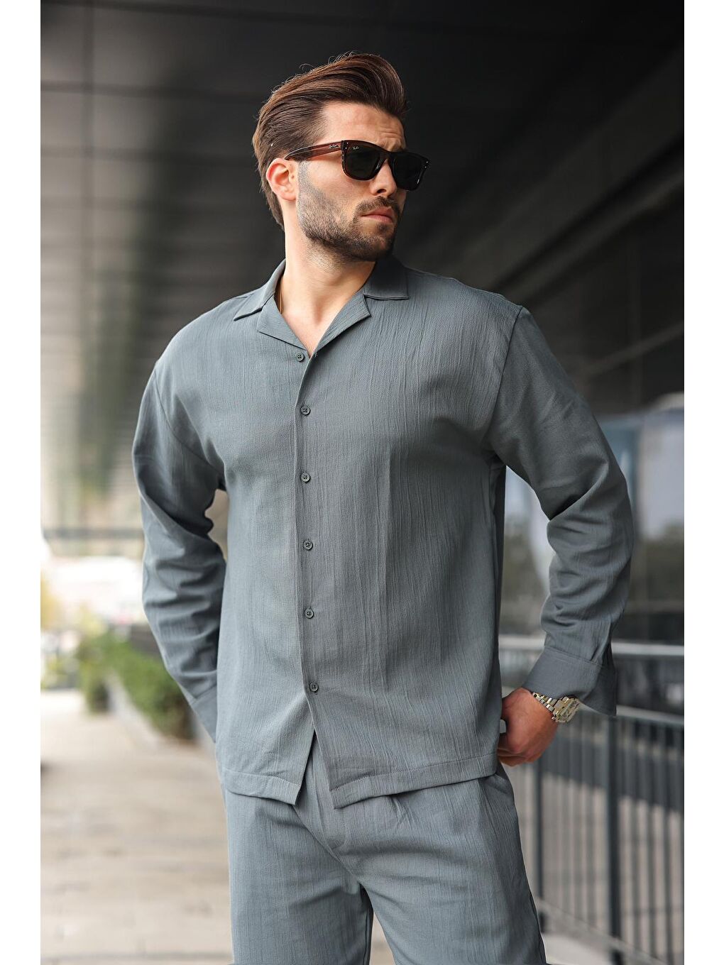 Gri Füme Düğmeli Basic Erkek Gömlek Pantolon Takım E7335-1