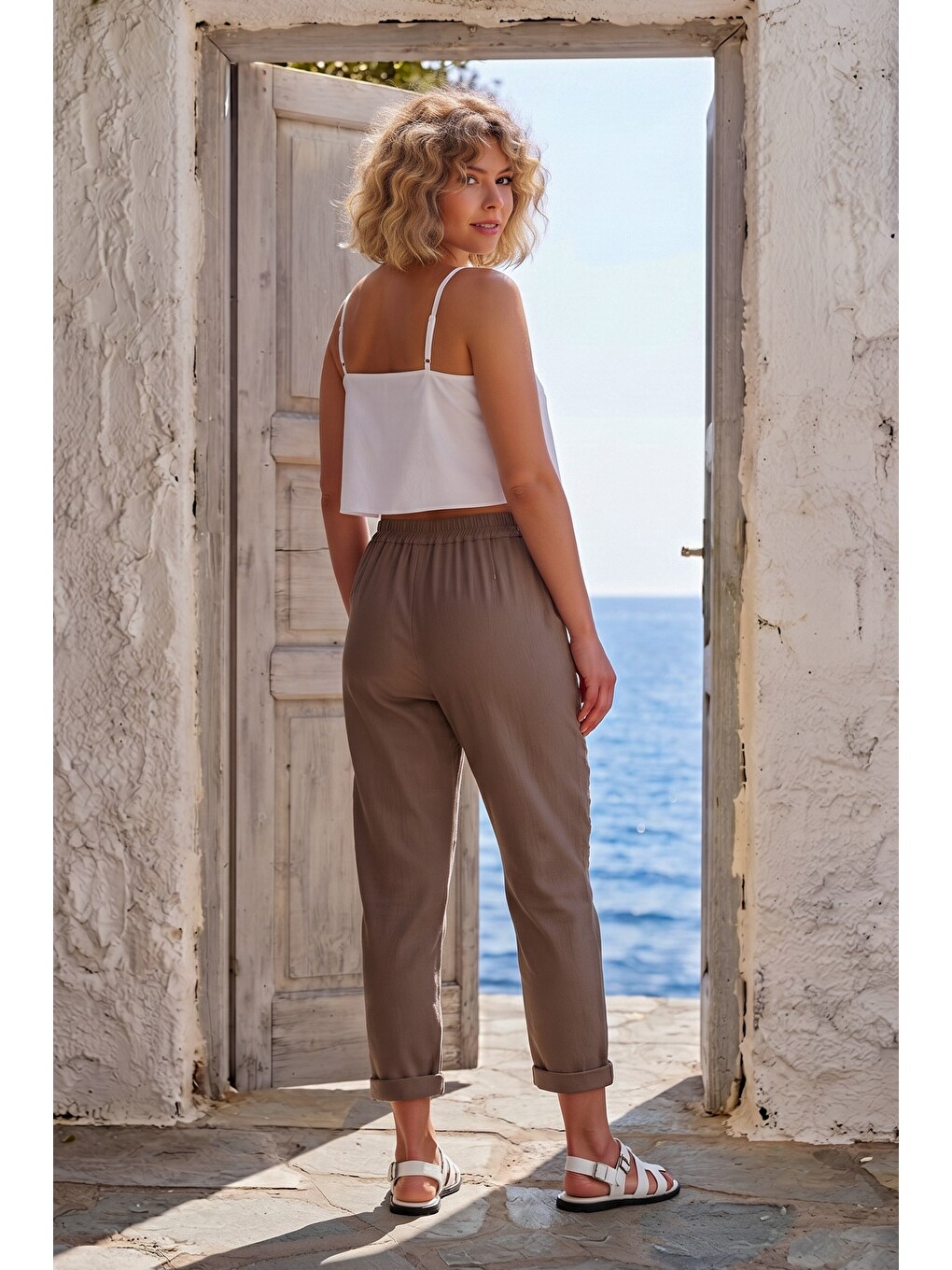 İtalyan Koyu Bej Cepli Pul Payetli Lastikli Bel Dar Paça Casual Dokuma Pantolon 95 65-5