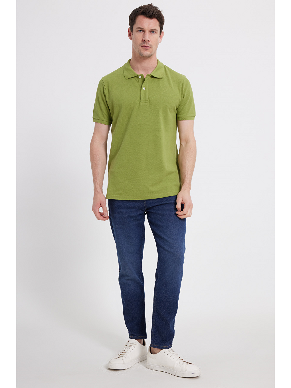 Erkek Slim Fit Dar Kesim %100 Pamuk Kısa Kollu Polo Yaka Yeşil Tişört-2