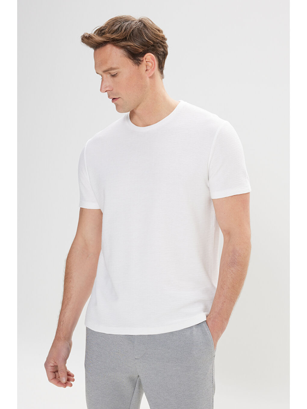 Erkek Ekru %100 Pamuk Slim Fit Dar Kesim Bisiklet Yaka Jakarlı Tişört