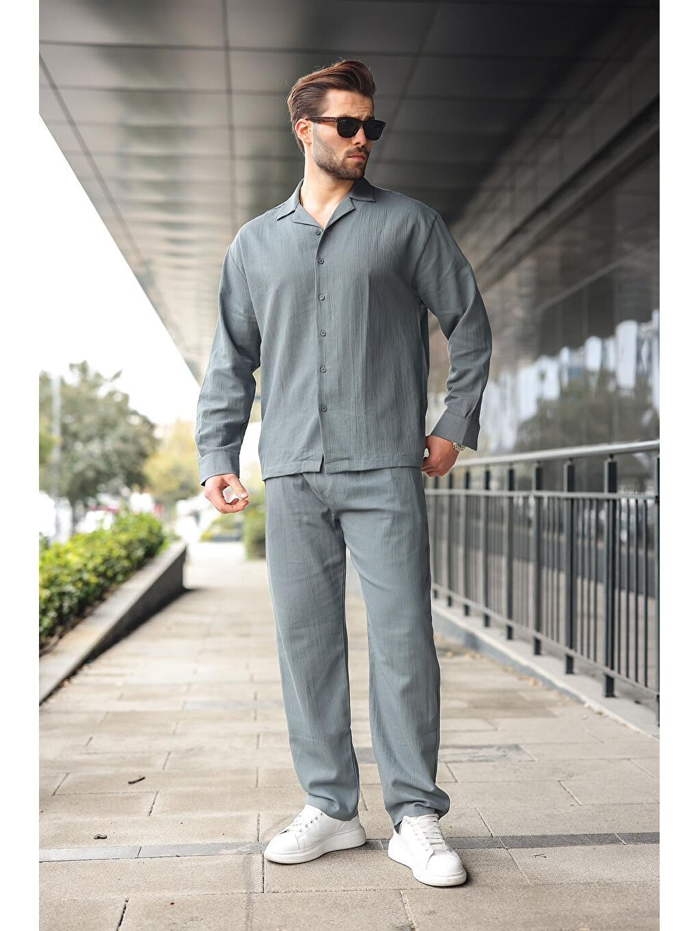 Gri Füme Düğmeli Basic Erkek Gömlek Pantolon Takım E7335-3