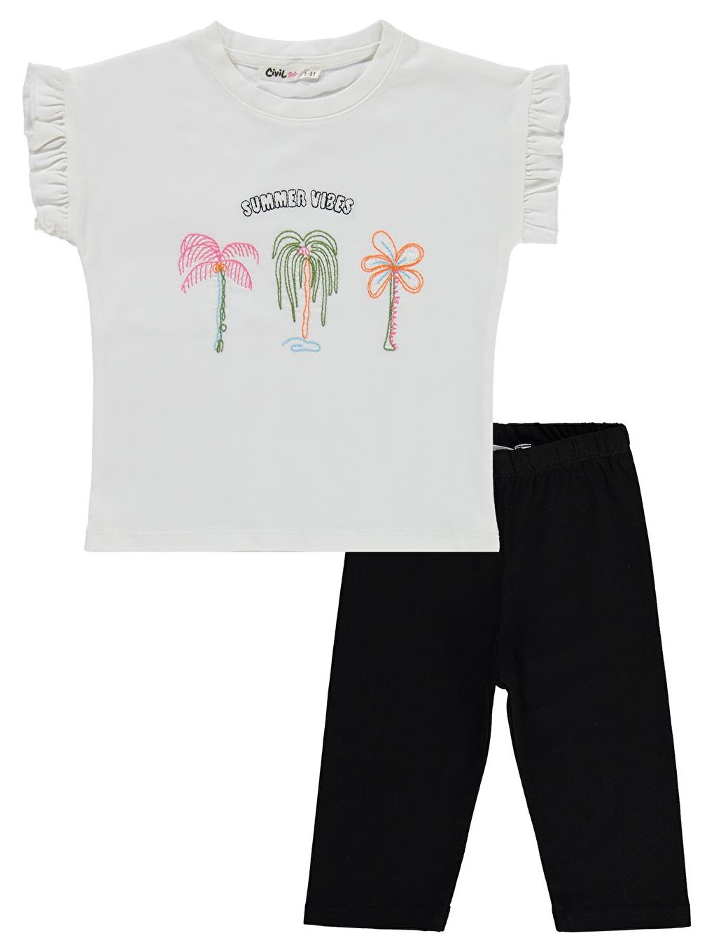 Siyah Girls Palmiye Nakışlı 2-5 Yaş Takım - Ekru-1