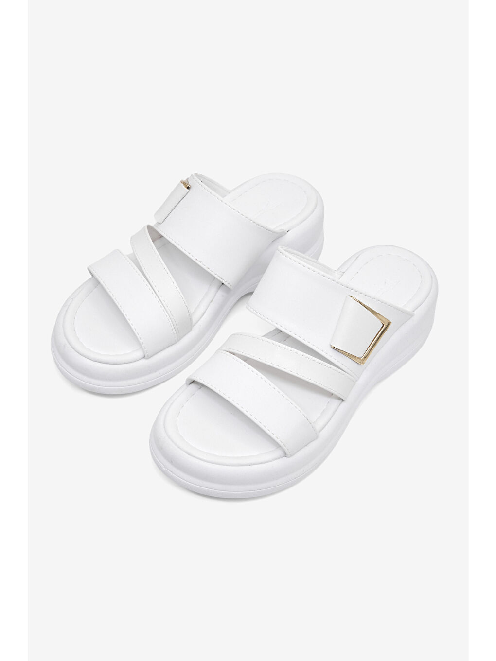 Kadın Beyaz Rahat Kalıp Tokalı Çift Bantlı Terlik-2