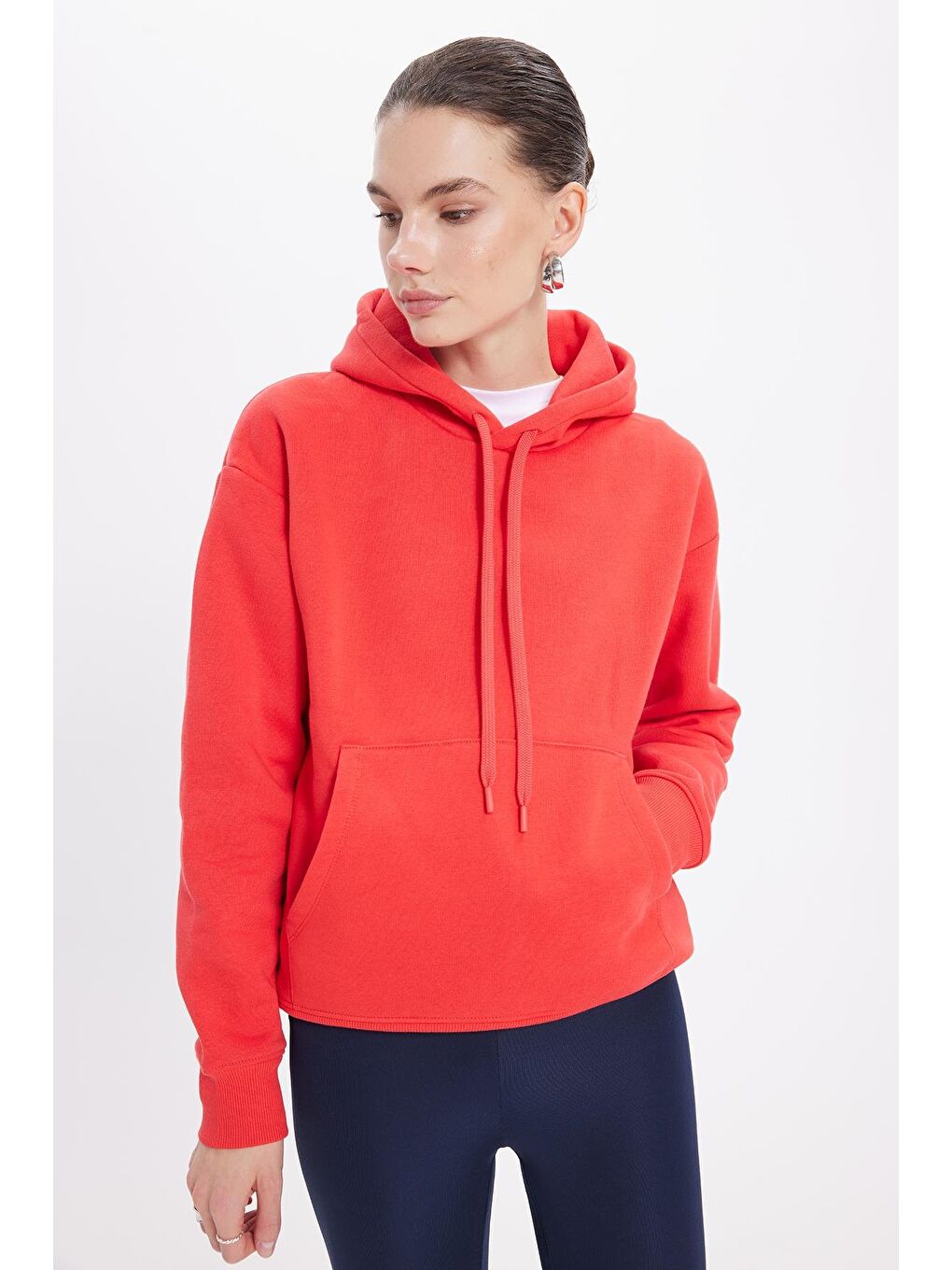 Kırmızı Kadın Oversize Geniş Kesim Pamuklu Yumuşak Dokulu İçi Polarlı Basic Nar Renk Kapüşonlu Sweatshirt