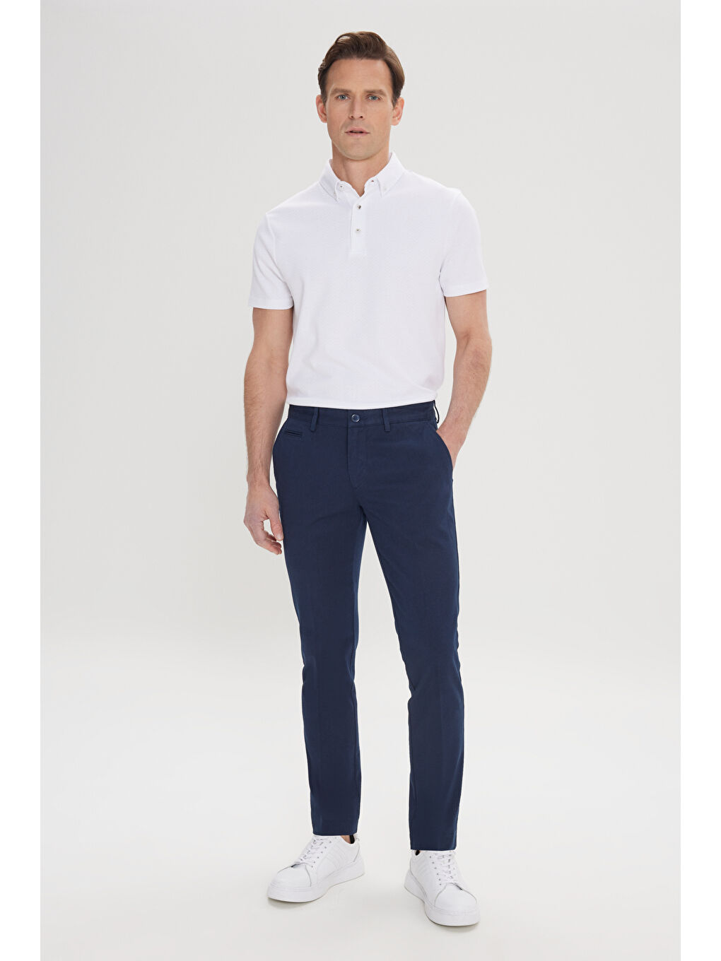 Erkek Lacivert Slim Fit Dar Kesim Yan Cepli Pamuklu Esnek Armürlü Pantolon-1