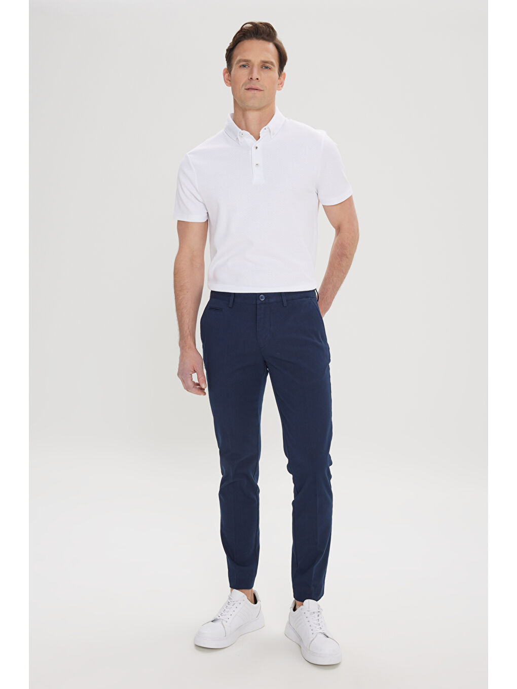 Erkek Lacivert Slim Fit Dar Kesim Yan Cepli Pamuklu Esnek Armürlü Pantolon-2