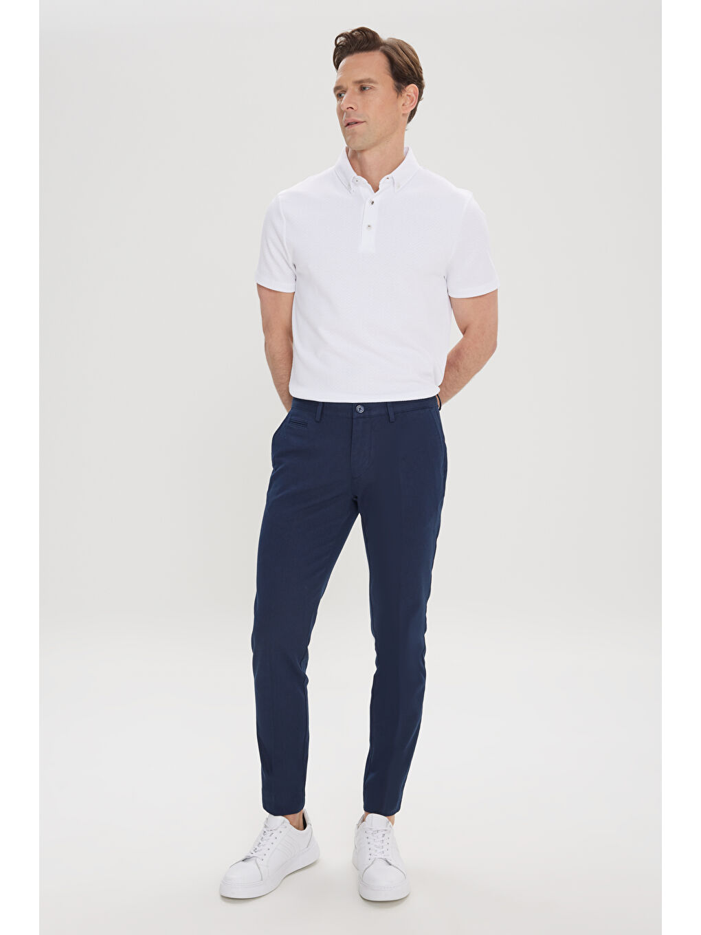 Erkek Lacivert Slim Fit Dar Kesim Yan Cepli Pamuklu Esnek Armürlü Pantolon-3
