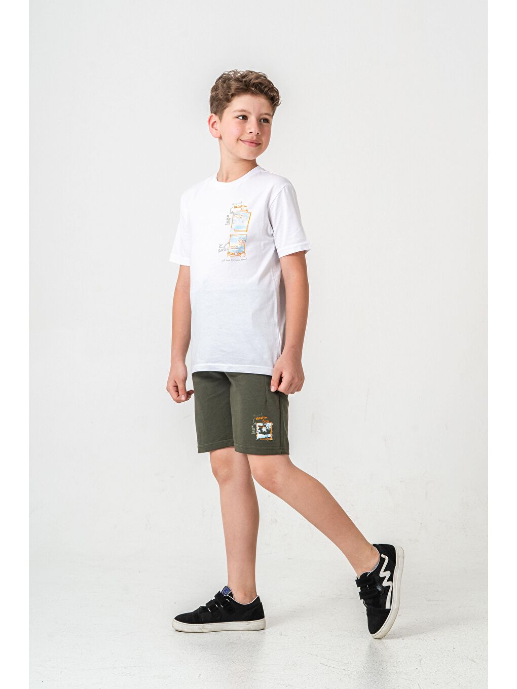 Haki Vacation Time Baskılı Bacak  Baskı Detaylı  Erkek Çocuk Şort - Tişört Takımı-2