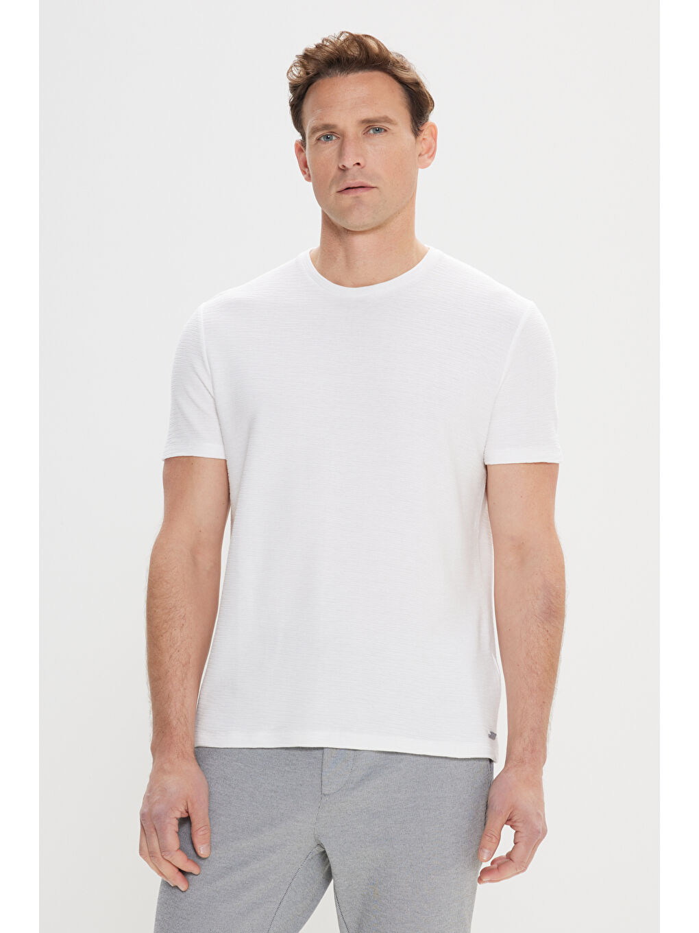 Erkek Ekru %100 Pamuk Slim Fit Dar Kesim Bisiklet Yaka Jakarlı Tişört-2