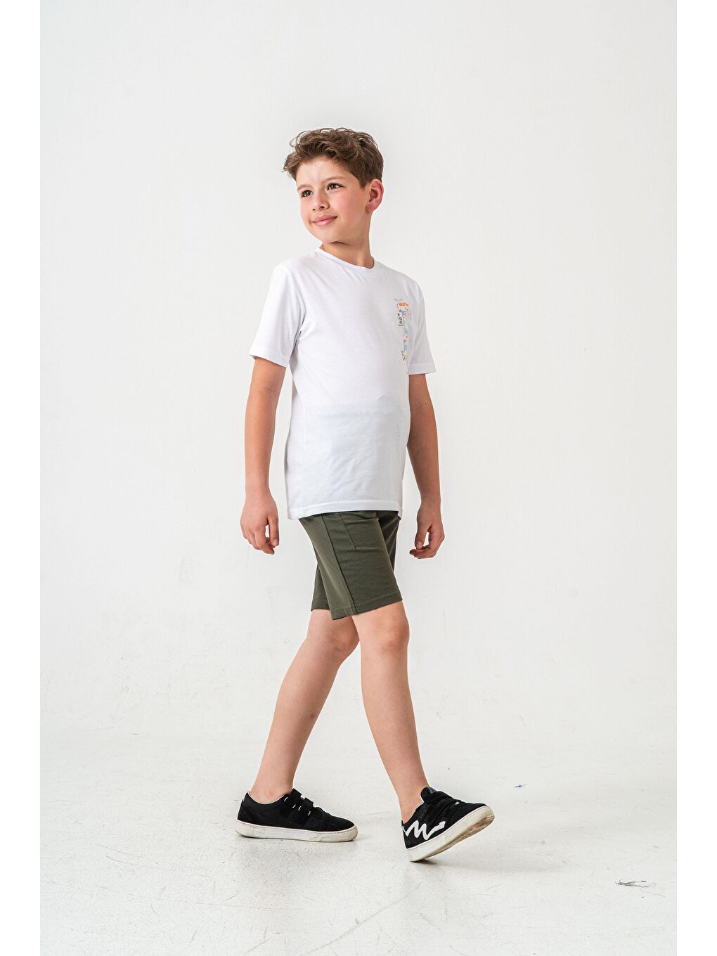 Haki Vacation Time Baskılı Bacak  Baskı Detaylı  Erkek Çocuk Şort - Tişört Takımı-3