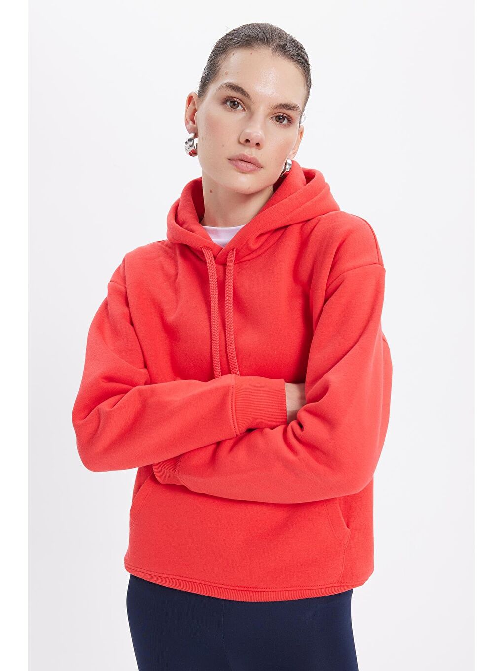 Kırmızı Kadın Oversize Geniş Kesim Pamuklu Yumuşak Dokulu İçi Polarlı Basic Nar Renk Kapüşonlu Sweatshirt-1