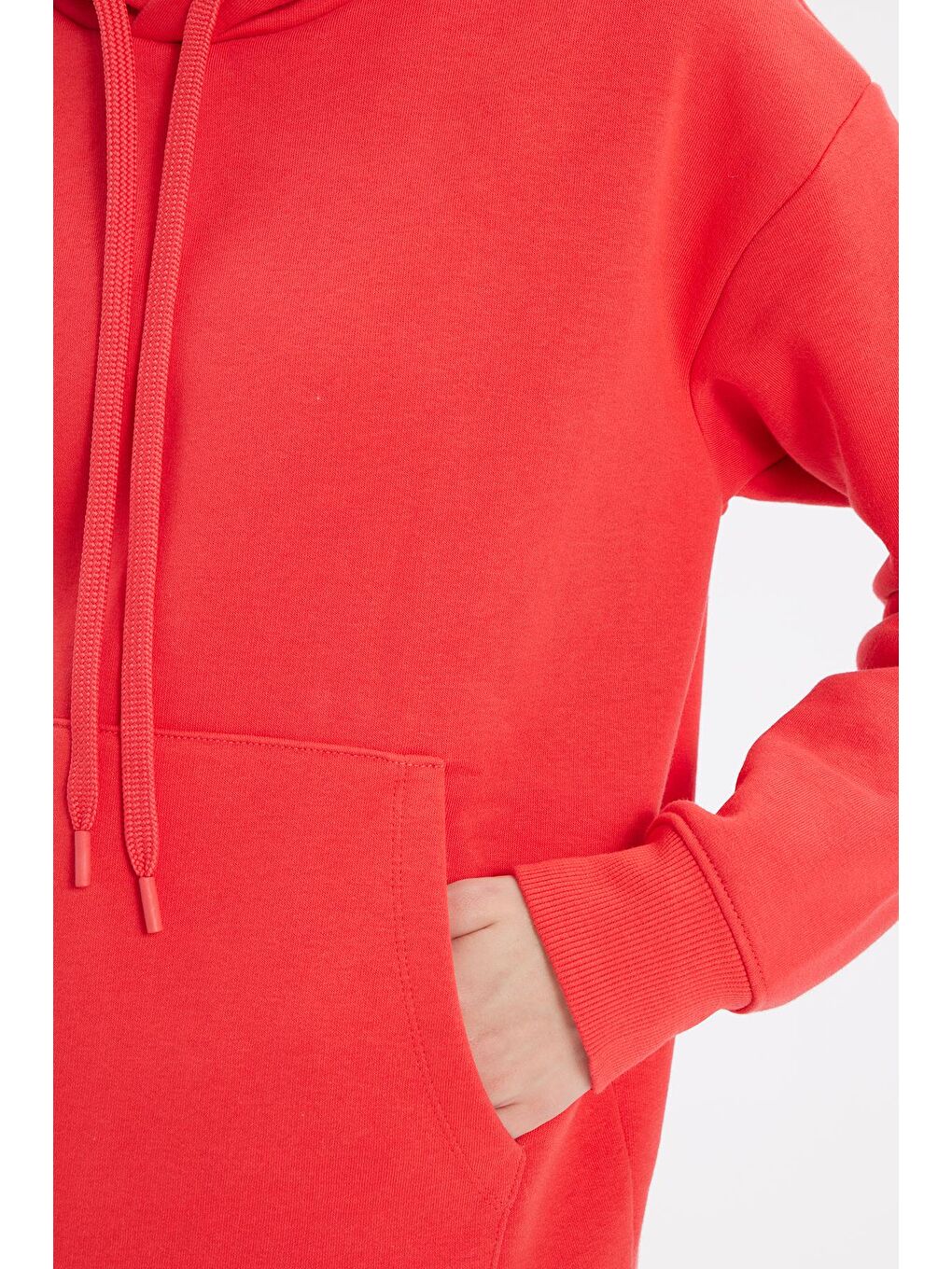 Kırmızı Kadın Oversize Geniş Kesim Pamuklu Yumuşak Dokulu İçi Polarlı Basic Nar Renk Kapüşonlu Sweatshirt-2