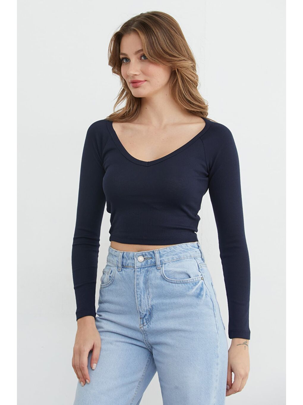 Lacivert V Yaka Uzun Kol Crop Bluz-2