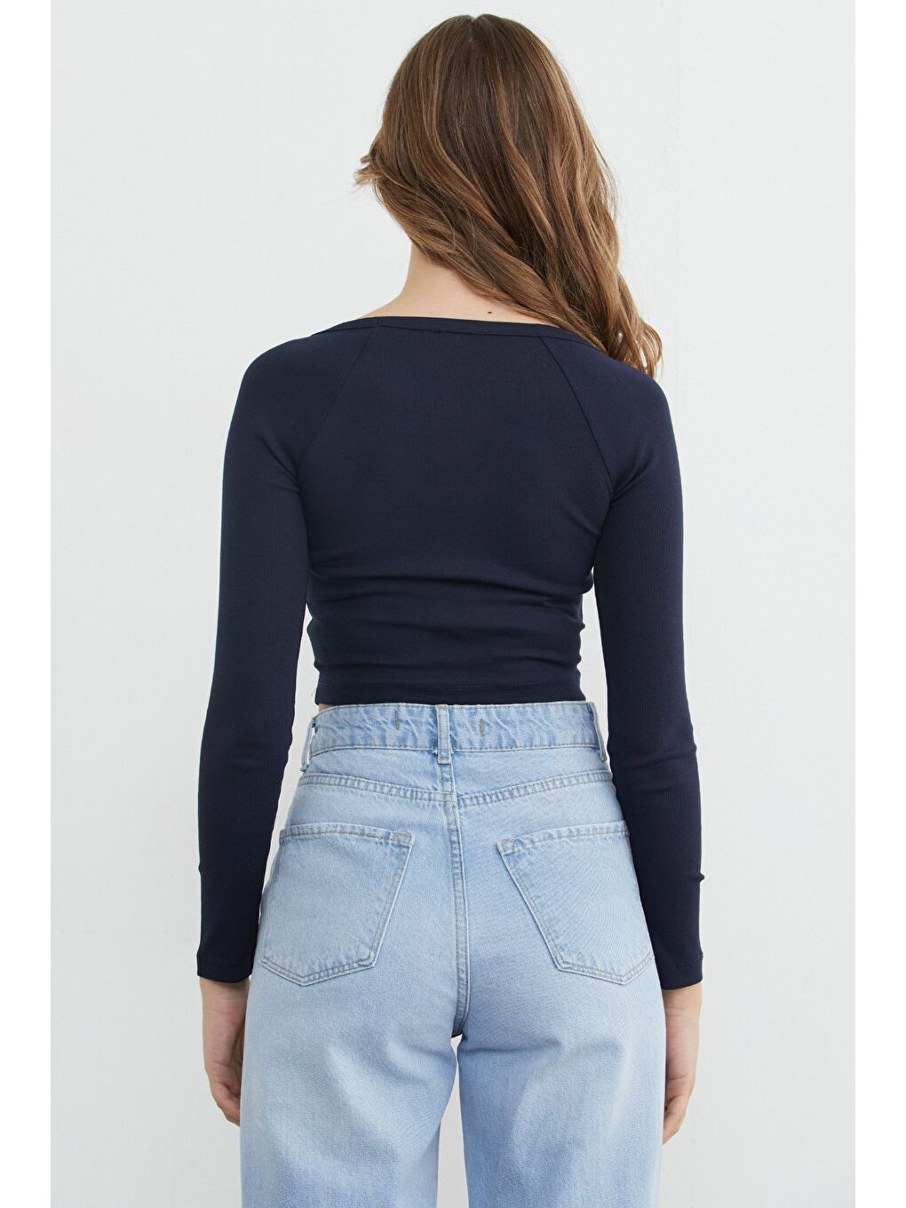 Lacivert V Yaka Uzun Kol Crop Bluz-3