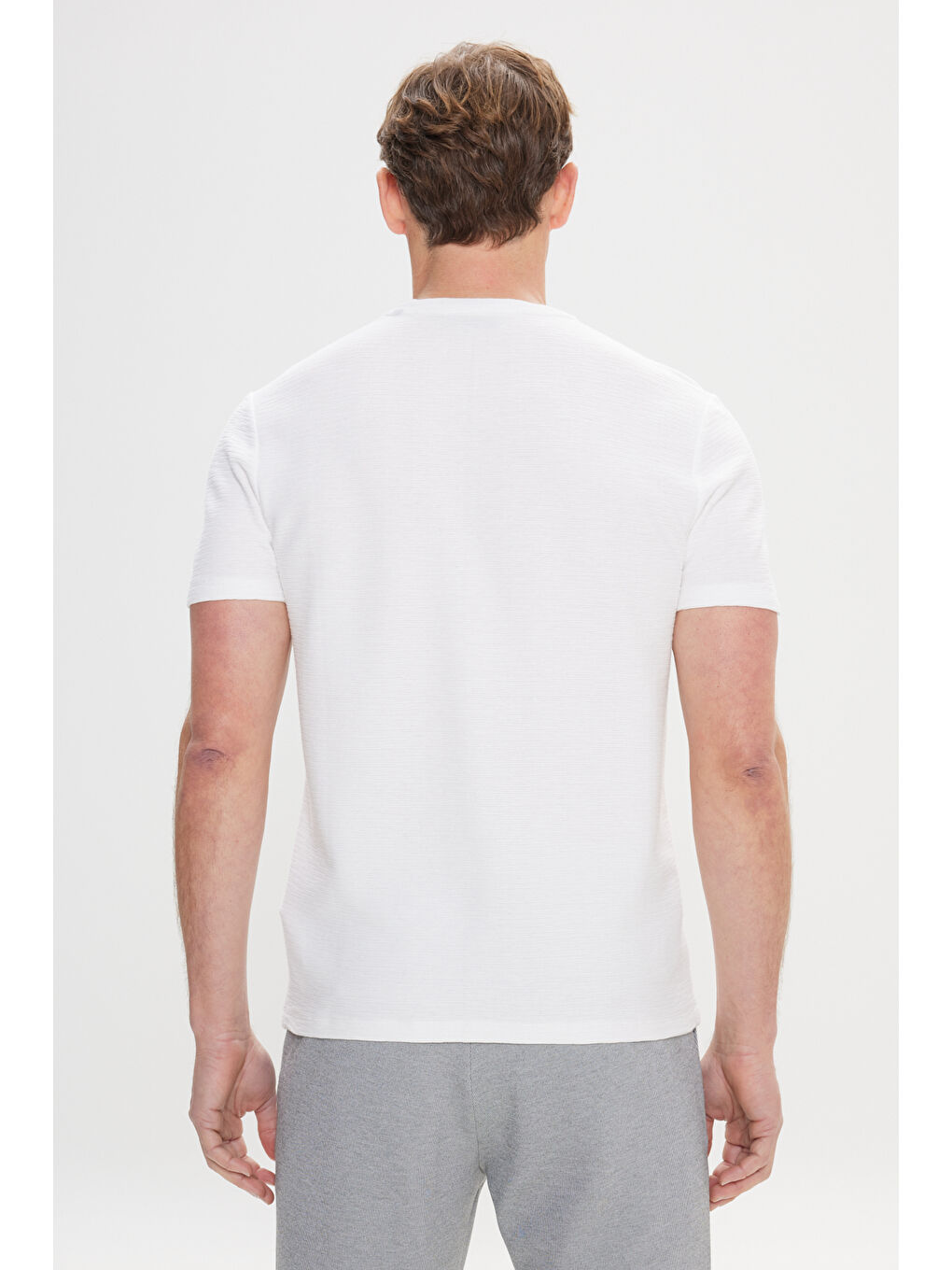 Erkek Ekru %100 Pamuk Slim Fit Dar Kesim Bisiklet Yaka Jakarlı Tişört-4