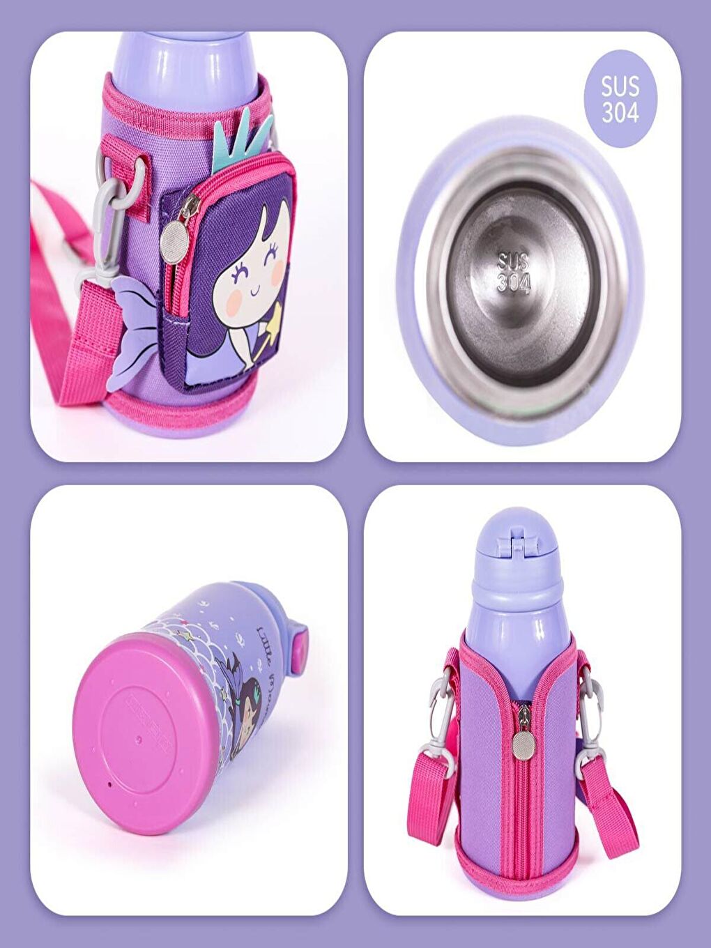 Çelik Çocuk Matarası Çantalı Küçük Deniz Kızı 550 m-3