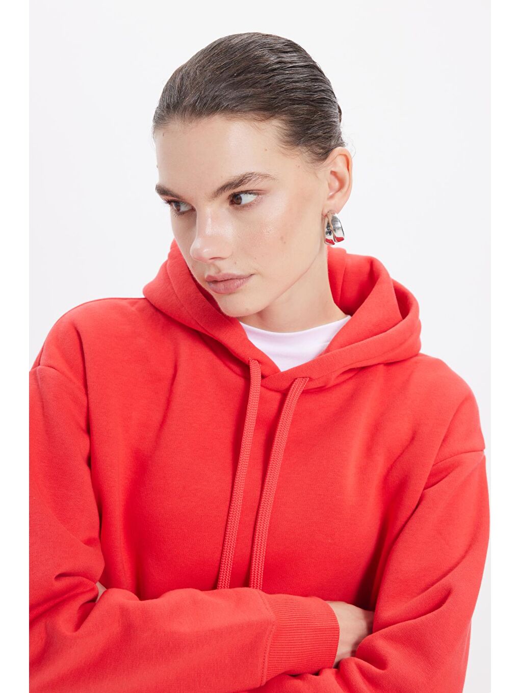 Kırmızı Kadın Oversize Geniş Kesim Pamuklu Yumuşak Dokulu İçi Polarlı Basic Nar Renk Kapüşonlu Sweatshirt-4