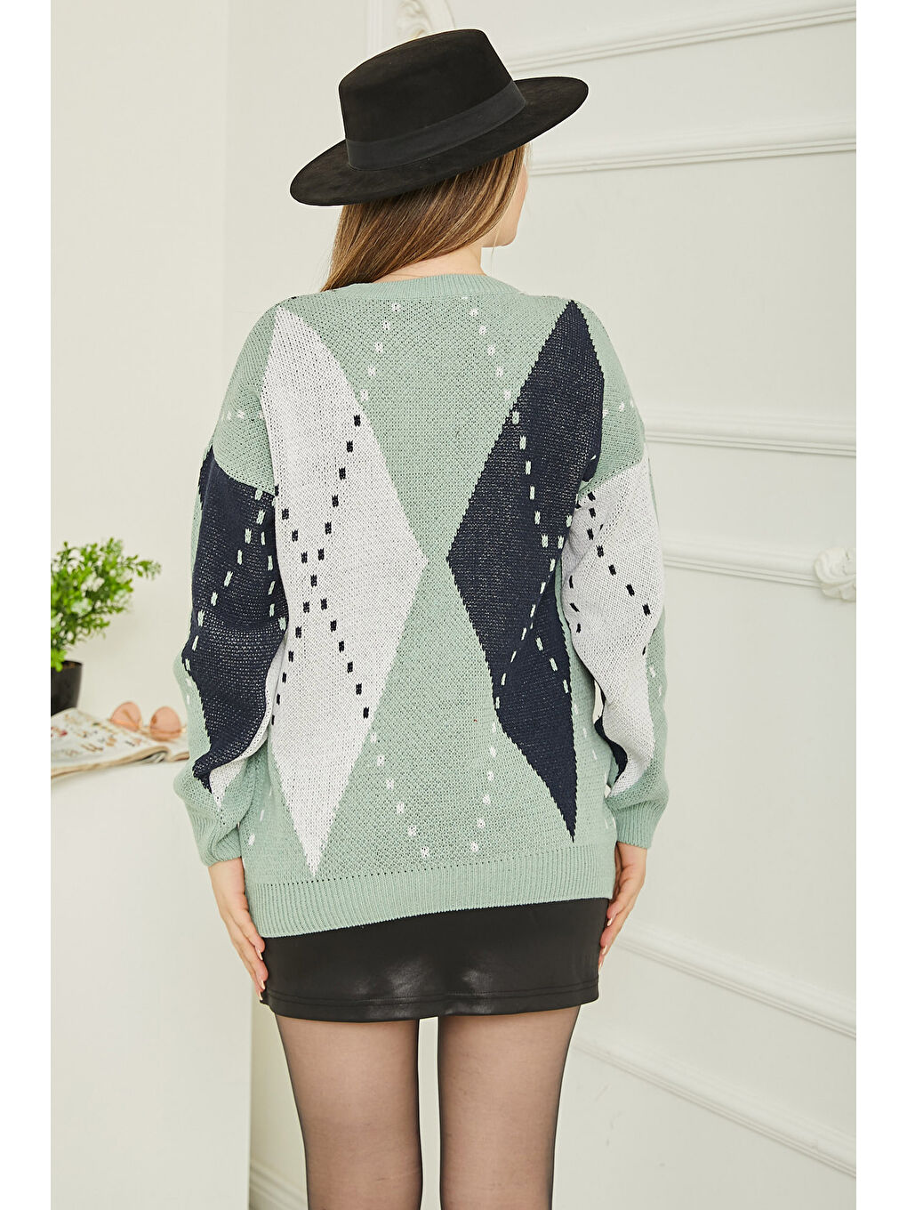 Kadın Bisiklet Yaka Baklava Desen Triko Kazak Lacivert Mint - 26599-3