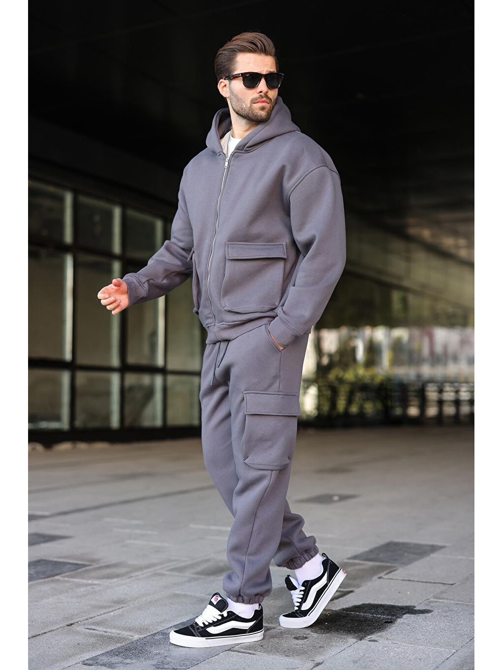 Gri Füme Kapüşonlu Kargo Cepli Erkek Eşofman Takımı E7342