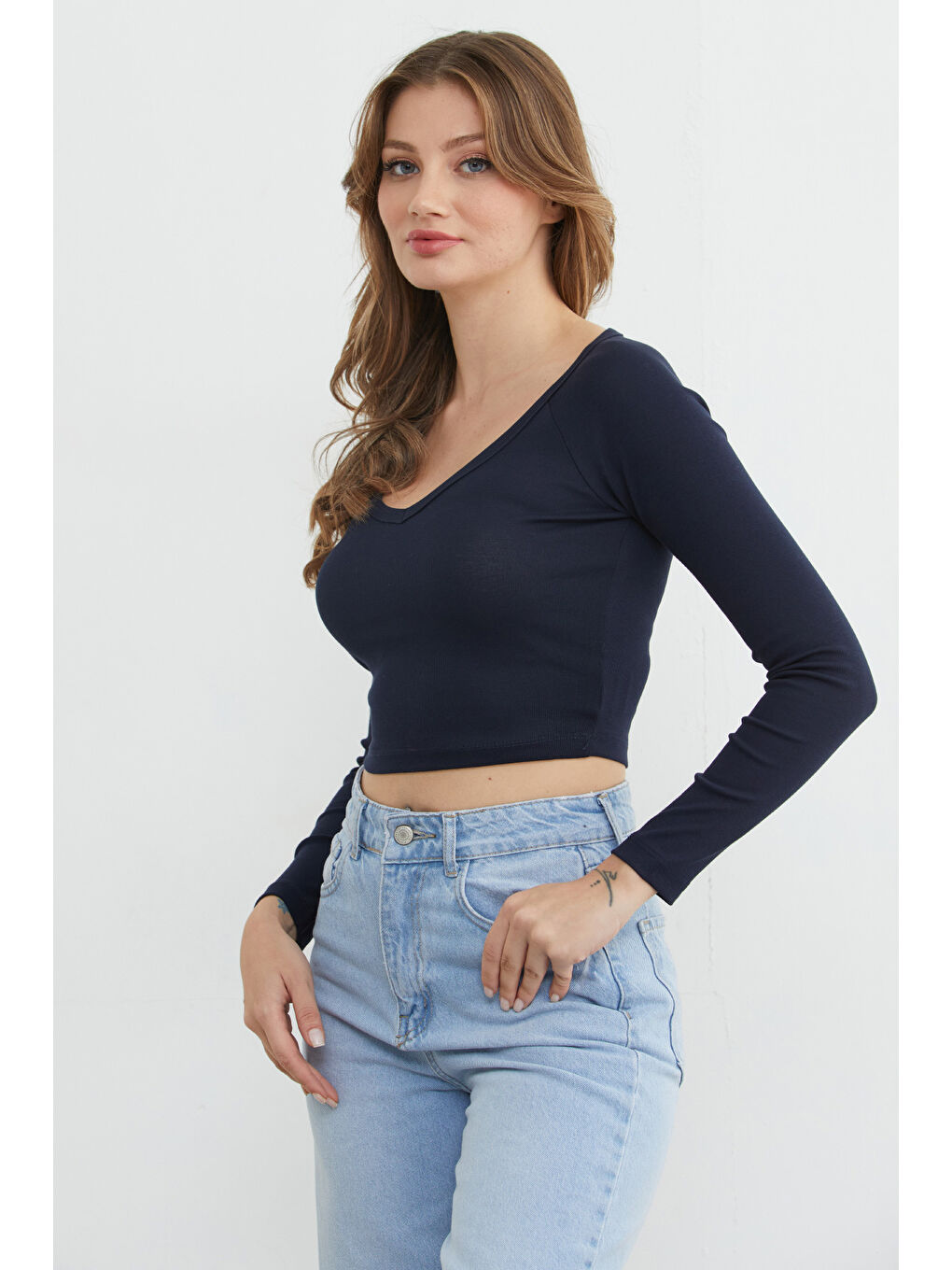 Lacivert V Yaka Uzun Kol Crop Bluz-4