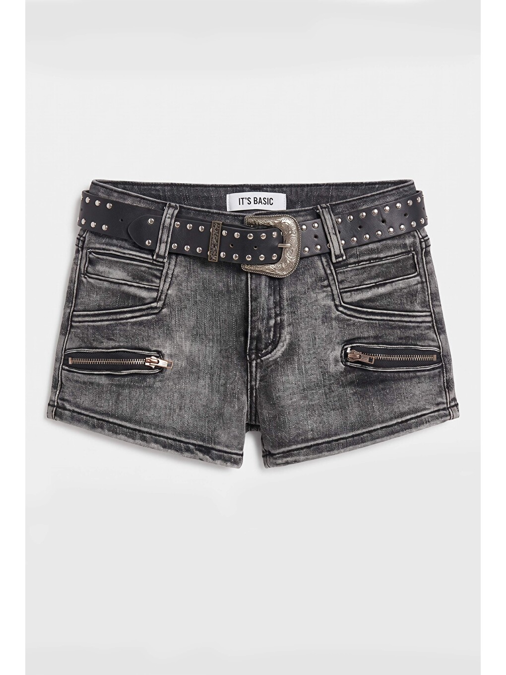 Siyah Kadın Koyu Füme Mini Kemer Dahil Özel Tasarım Denim Şort