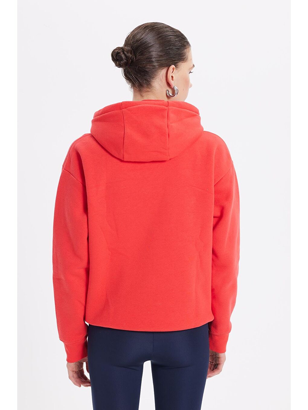 Kırmızı Kadın Oversize Geniş Kesim Pamuklu Yumuşak Dokulu İçi Polarlı Basic Nar Renk Kapüşonlu Sweatshirt-6