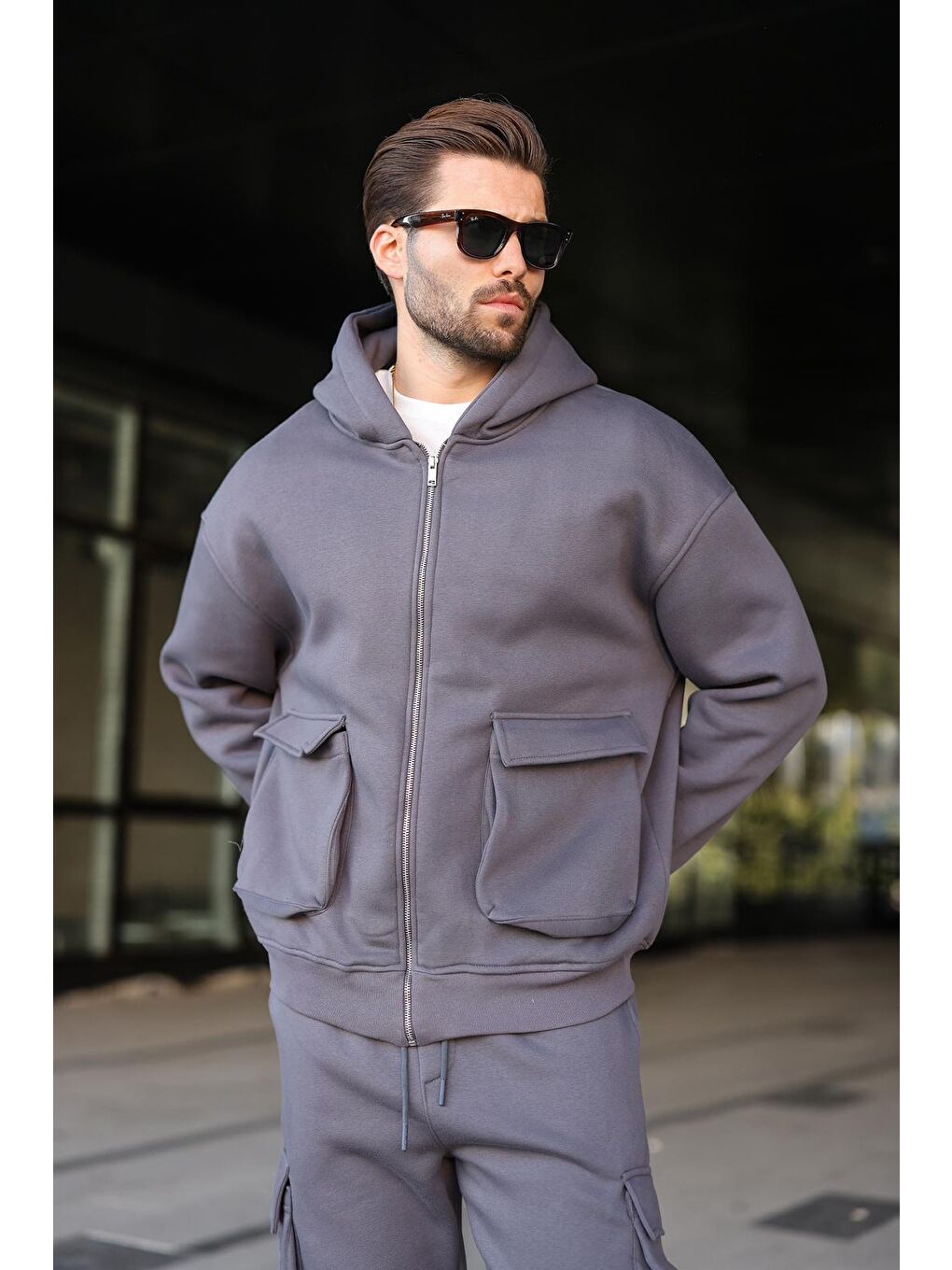 Gri Füme Kapüşonlu Kargo Cepli Erkek Eşofman Takımı E7342-1