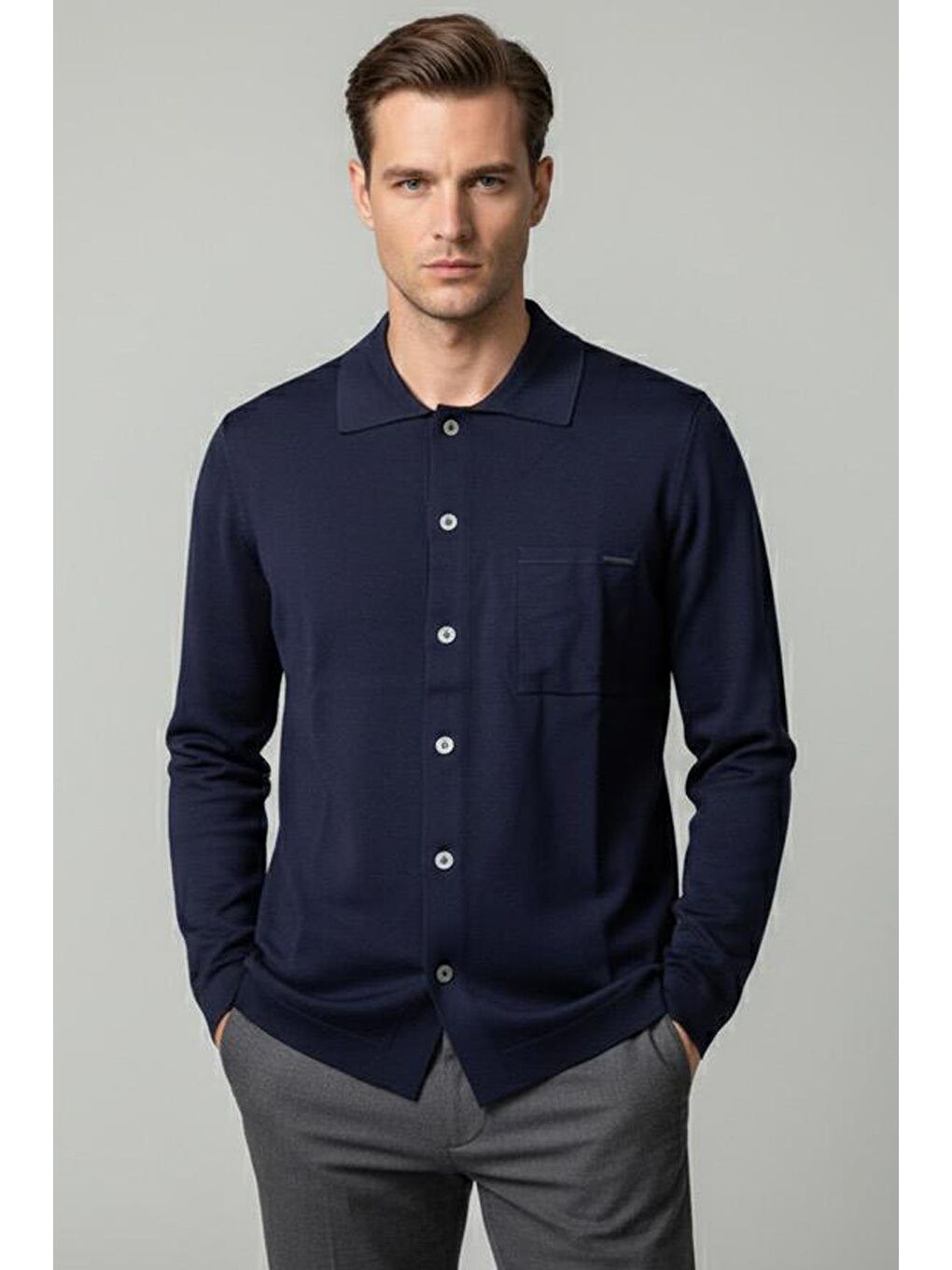 Giotelli Lacivert Regular Fit Triko Yarım Balıkçı Yaka Erkek Gömlek