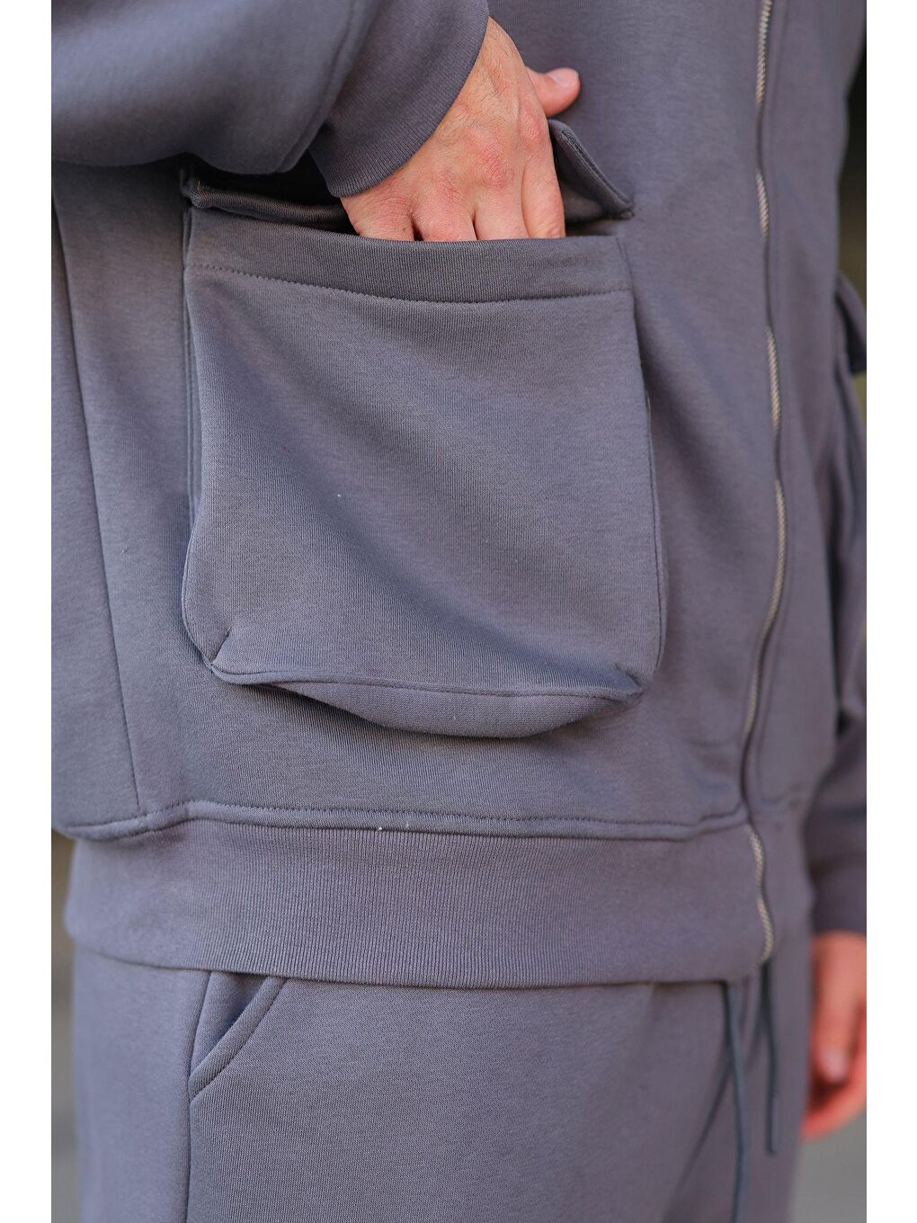 Gri Füme Kapüşonlu Kargo Cepli Erkek Eşofman Takımı E7342-2