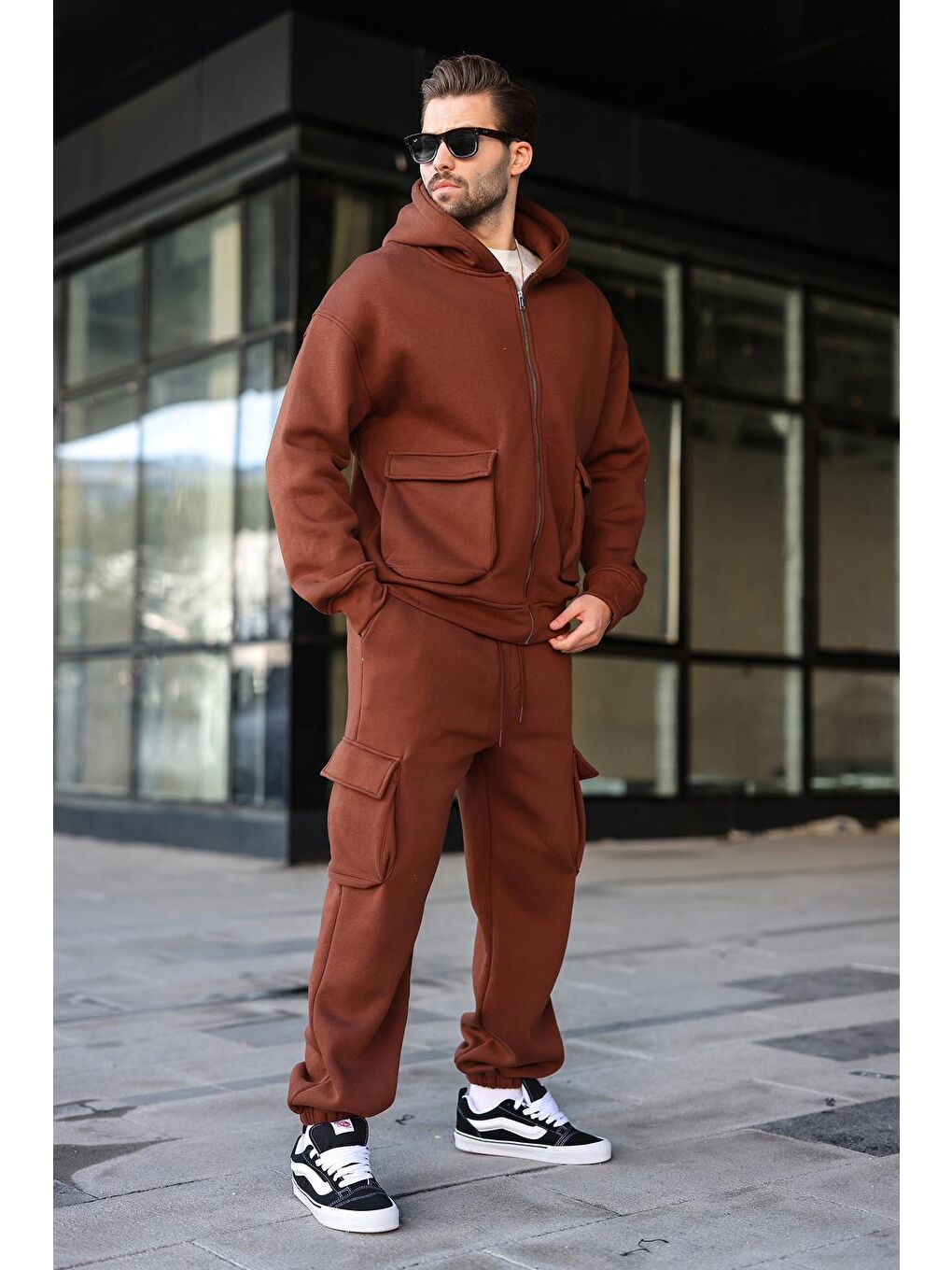 Acı Kahverengi Kapüşonlu Kargo Cepli Erkek Eşofman Takımı E7342
