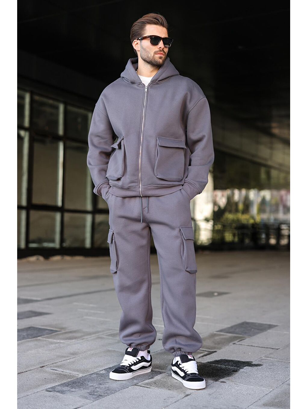 Gri Füme Kapüşonlu Kargo Cepli Erkek Eşofman Takımı E7342-3