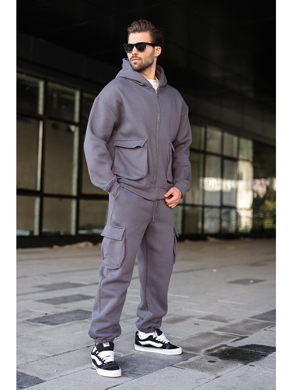 Gri Füme Kapüşonlu Kargo Cepli Erkek Eşofman Takımı E7342-4
