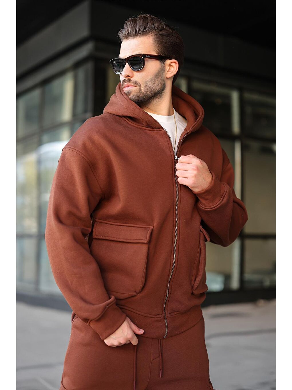 Acı Kahverengi Kapüşonlu Kargo Cepli Erkek Eşofman Takımı E7342-1