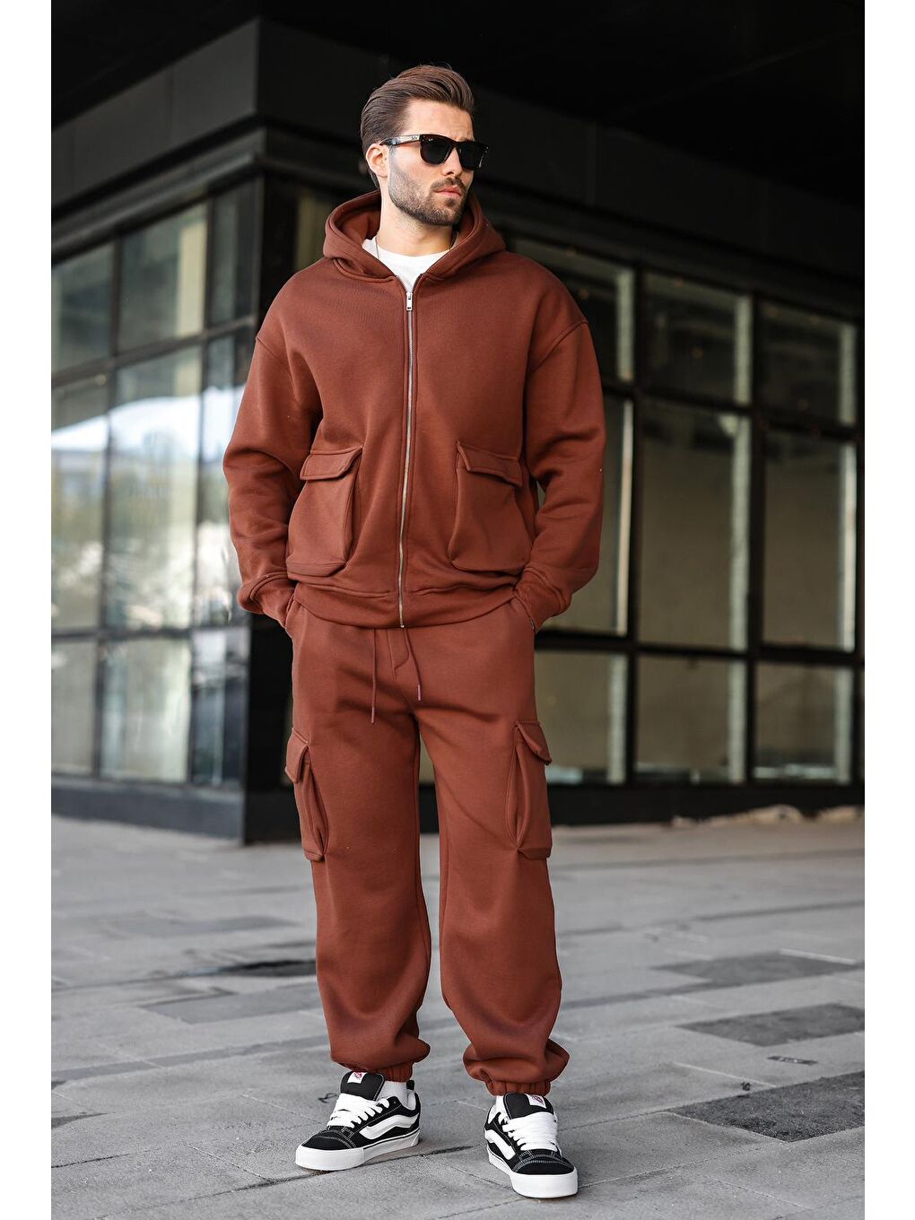 Acı Kahverengi Kapüşonlu Kargo Cepli Erkek Eşofman Takımı E7342-2