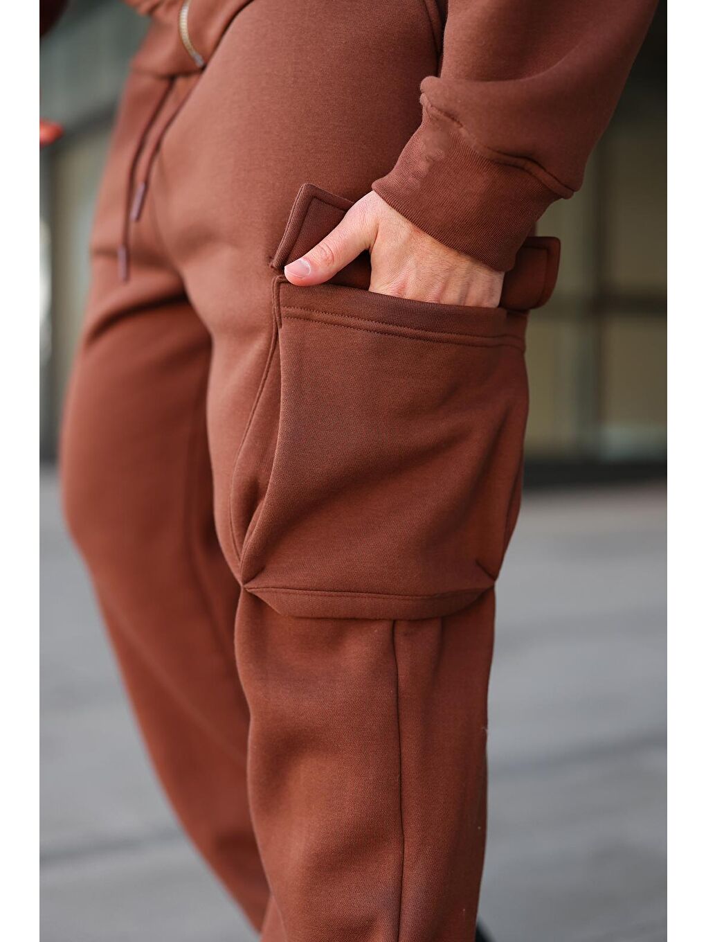 Acı Kahverengi Kapüşonlu Kargo Cepli Erkek Eşofman Takımı E7342-3