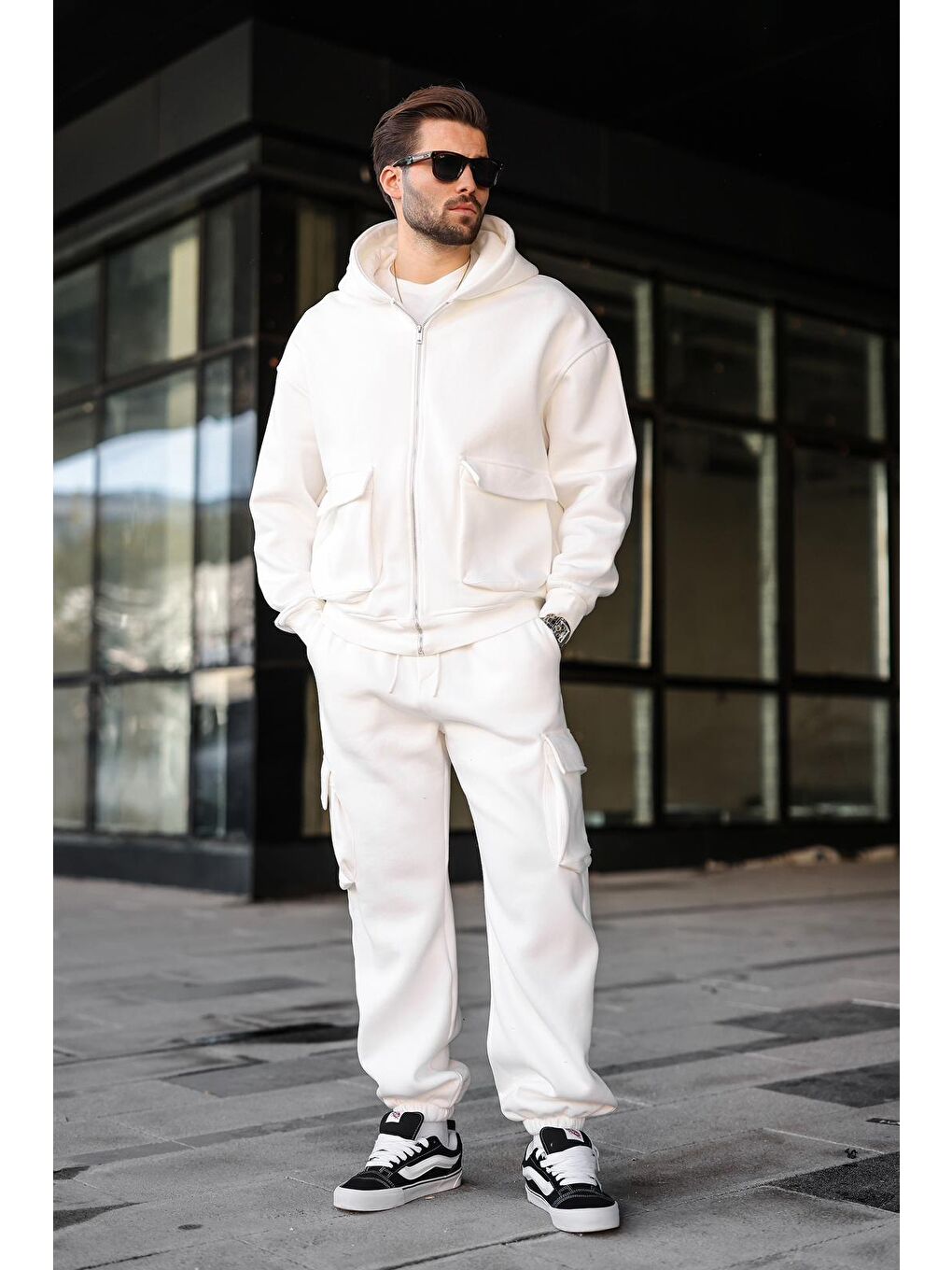 Ekru Kapüşonlu Kargo Cepli Erkek Eşofman Takımı E7342