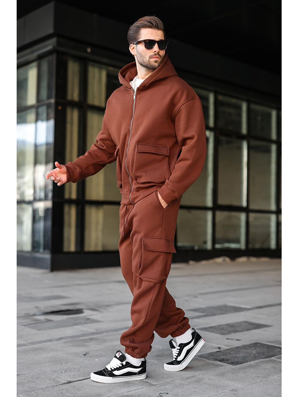 Acı Kahverengi Kapüşonlu Kargo Cepli Erkek Eşofman Takımı E7342-4