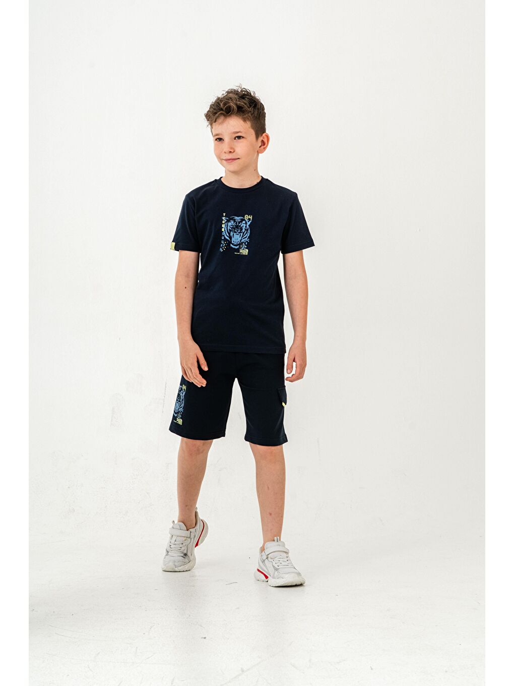 Lacivert Ust On Baskılı Kol Ucu Balıksırtlı Erkek Çocuk Şort - Tişört Takımı-1