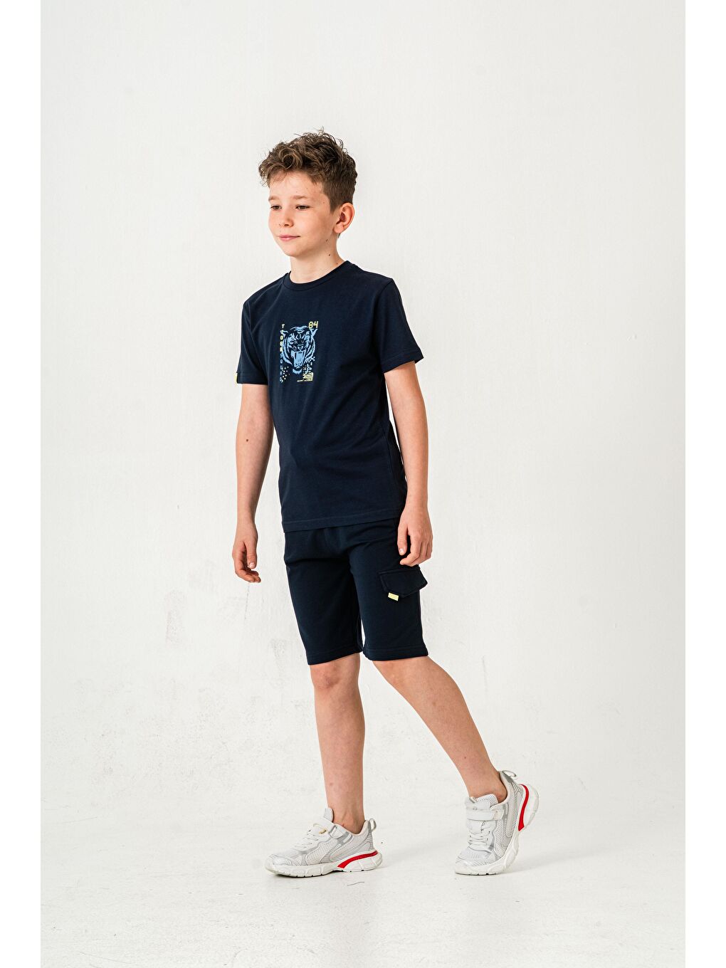 Lacivert Ust On Baskılı Kol Ucu Balıksırtlı Erkek Çocuk Şort - Tişört Takımı-2