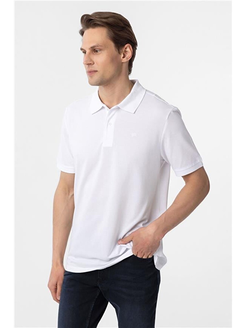Beyaz Regular Düz Polo Yaka Tişört-1