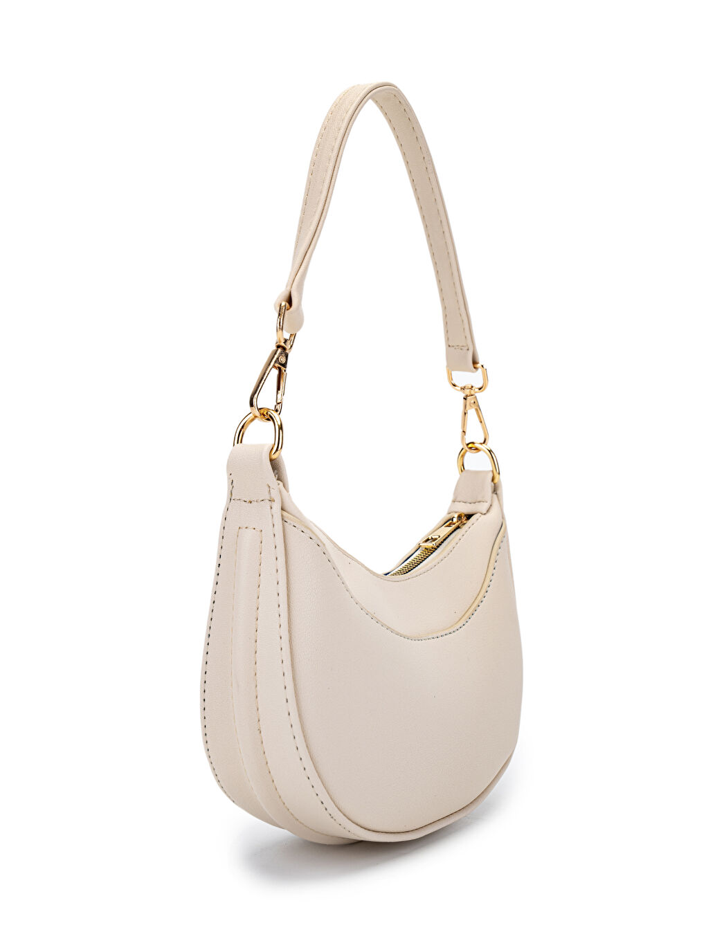 Ekru Suni Deri Yarım Ay Kadın Baget Çanta Lance Krem-1