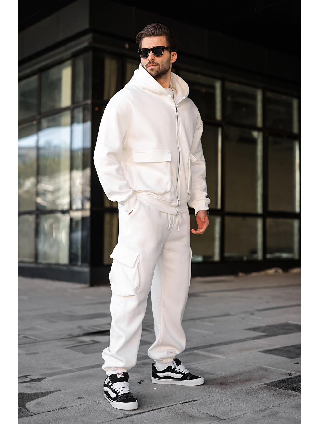 Ekru Kapüşonlu Kargo Cepli Erkek Eşofman Takımı E7342-1