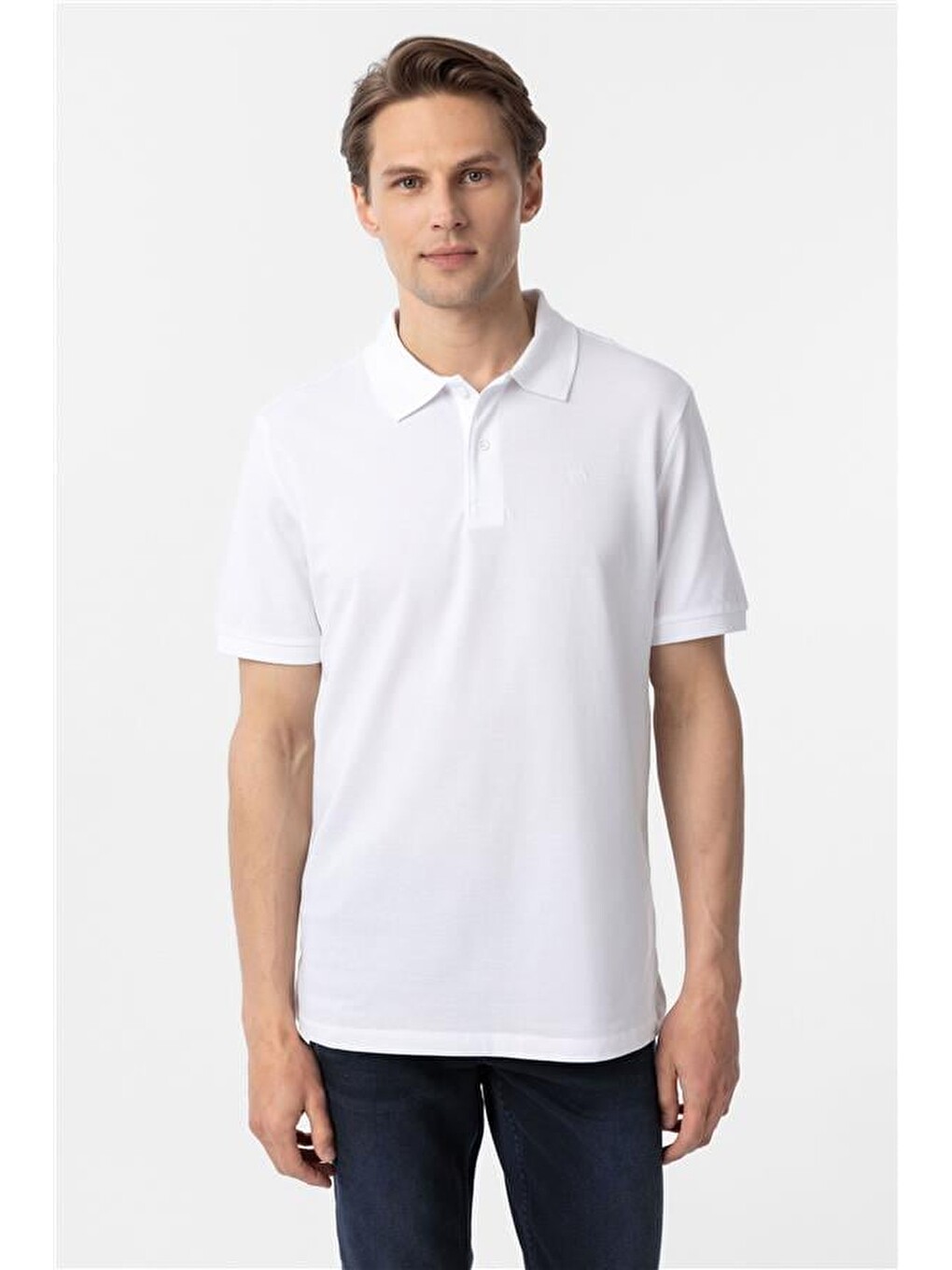 Beyaz Regular Düz Polo Yaka Tişört-2