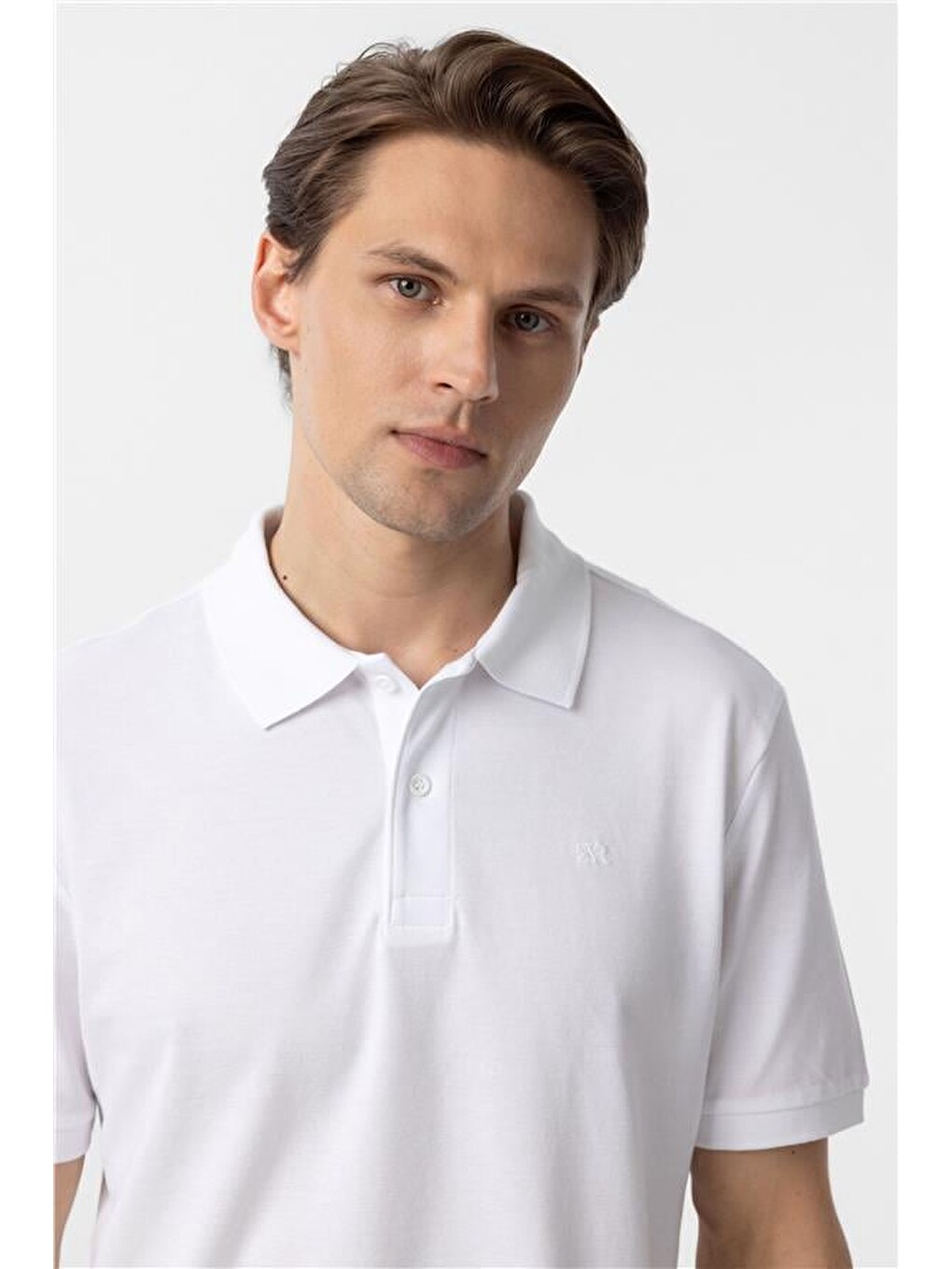 Beyaz Regular Düz Polo Yaka Tişört-3