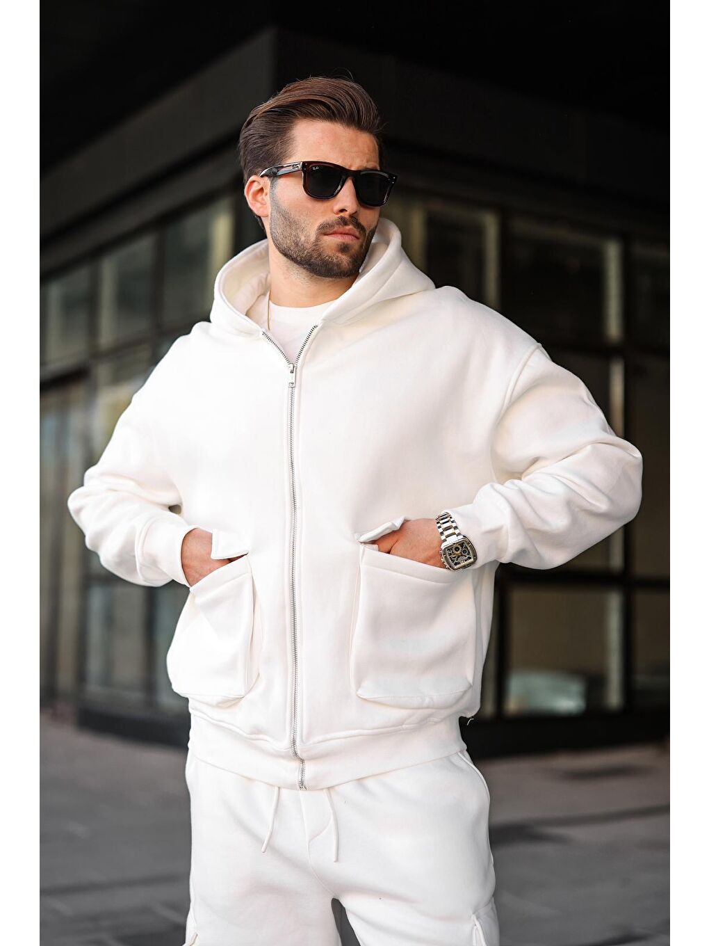 Ekru Kapüşonlu Kargo Cepli Erkek Eşofman Takımı E7342-2
