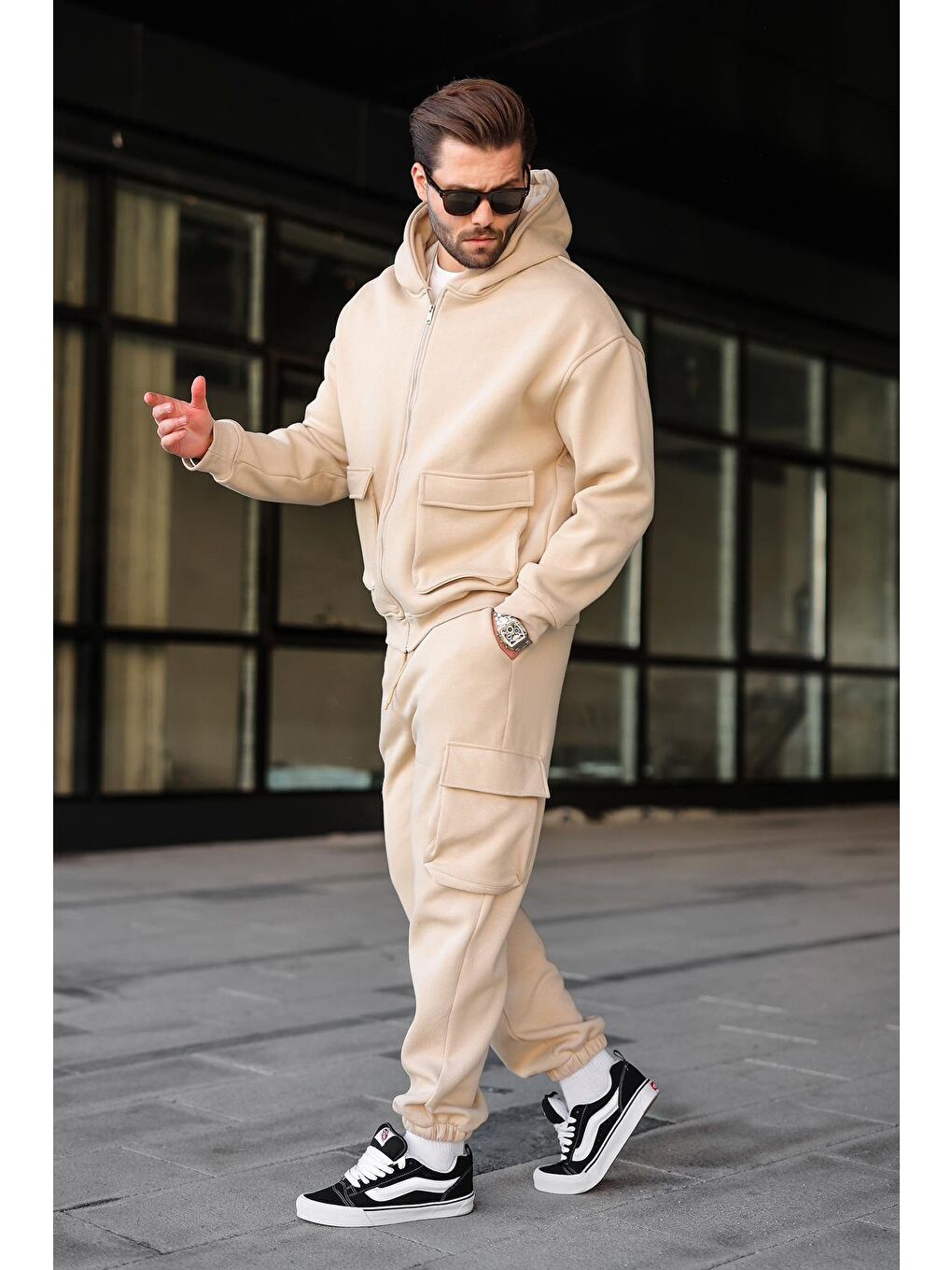 Bej Kapüşonlu Kargo Cepli Erkek Eşofman Takımı E7342